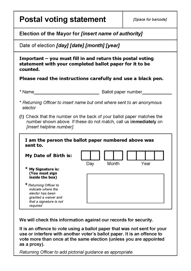 Form 7A(2): postal voting statement for use when a mayoral election is combined with another poll but the postal ballots are not combined – mayoral elections in England - p1