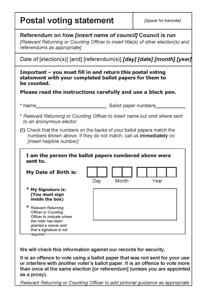 Postal voting statement (for use where there is joint issue and receipt of postal ballot papers)