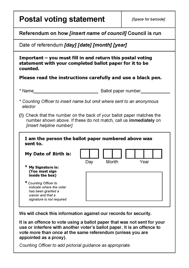 Postal voting statement (for use when a referendum poll is combined with another poll but the postal ballot papers are not combined) - p1