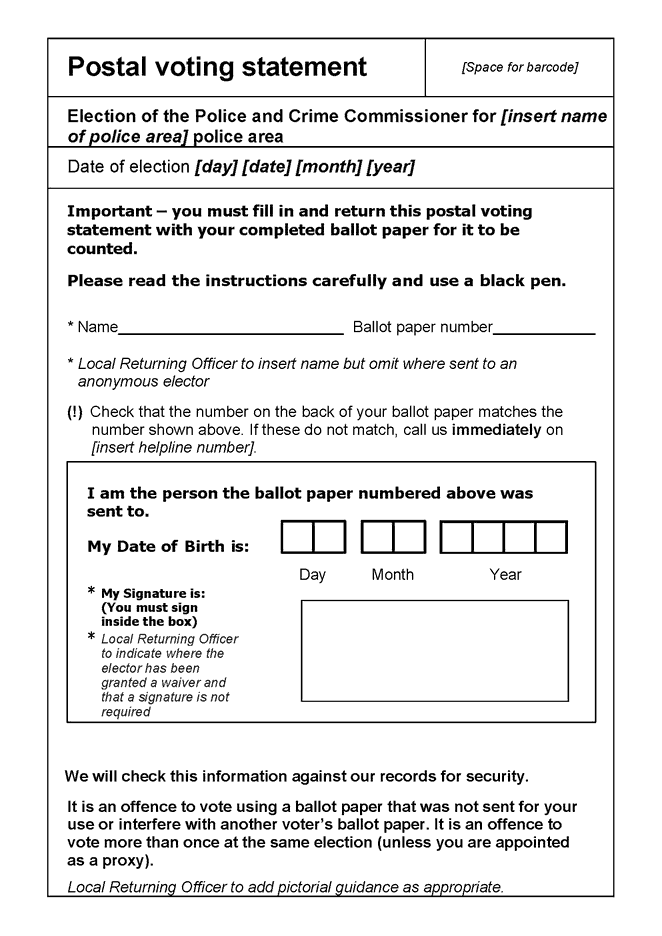 Form 2: Postal voting statement where PCC election taken alone - p1