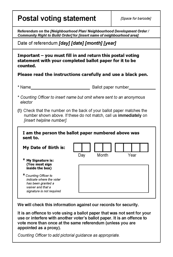 Form 7: Postal voting statement for use where a referendum poll is combined with another poll but the postal ballot papers are not combined - p1