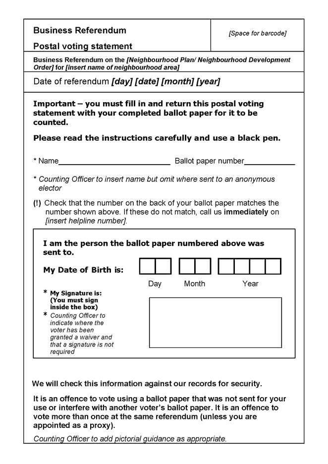 Neighbourhood Planning Business Referendum - form of Postal Voting Statement - front of form
