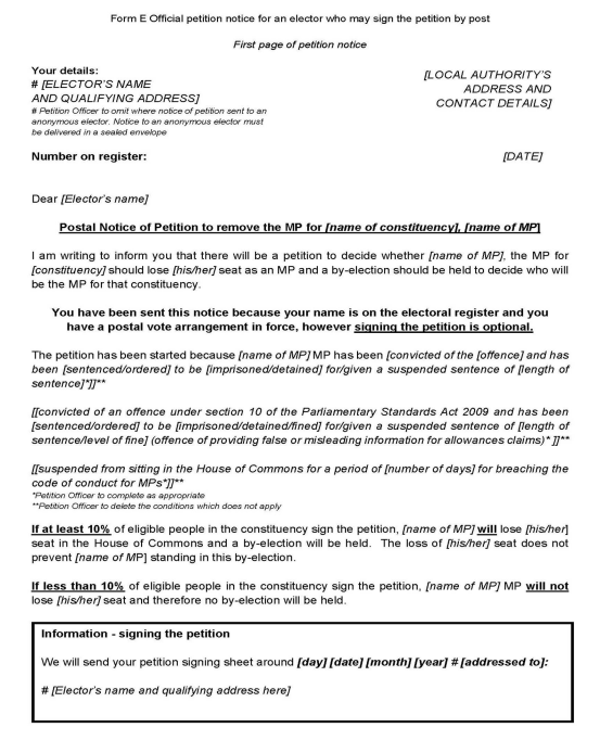 Recall Petitions in Great Britain - Form E: official petition notice for an elector who may sign the petition by post - page 1 of 3