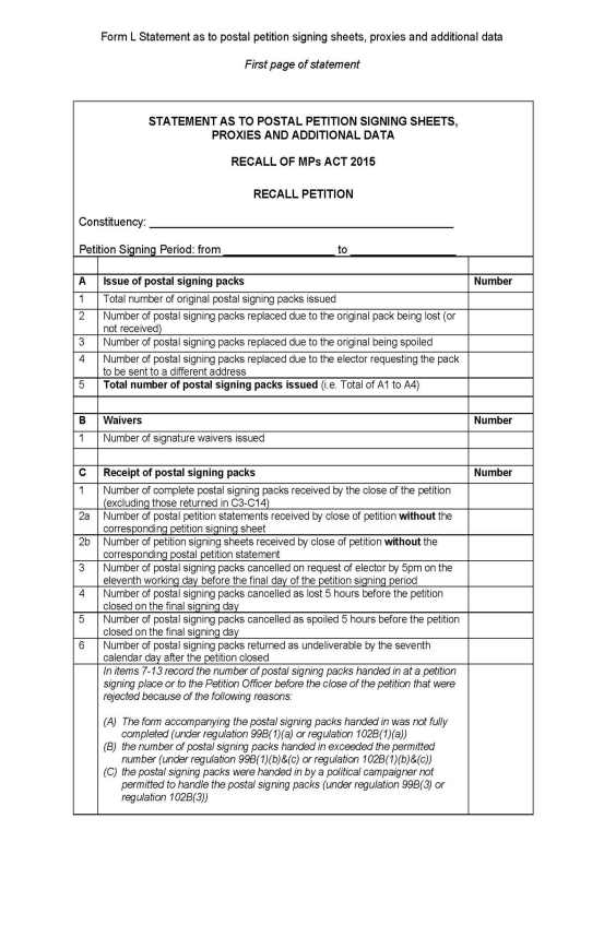 Recall petitions in Great Britain - Form L: Statement as to postal petition signing sheets, proxies and additional data - page 1 of 3