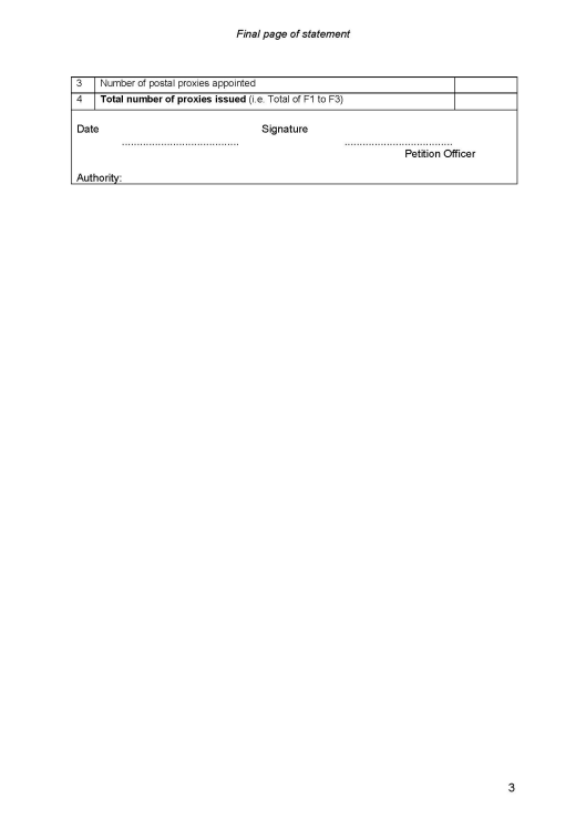 Recall petitions in Great Britain - Form L: Statement as to postal petition signing sheets, proxies and additional data - page 3 of 3