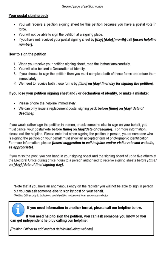 Recall petitions in Northern Ireland - Form E: Official petition notice for an elector who may sign the petition by post - page 2 of 3