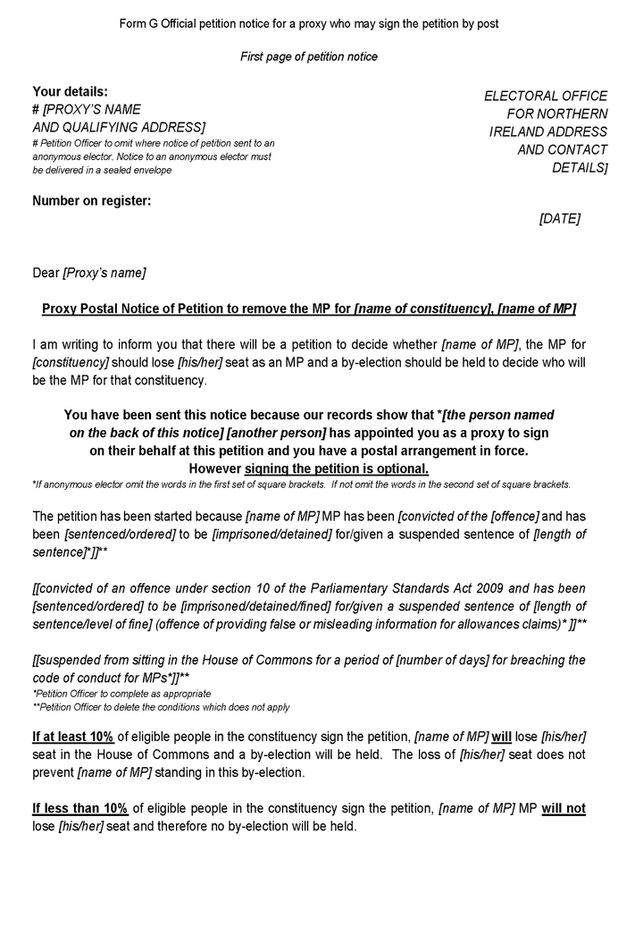 Recall petitions in Northern Ireland - Form G: Official petition notice for a proxy who may sign the petition by post - page 1 of 3