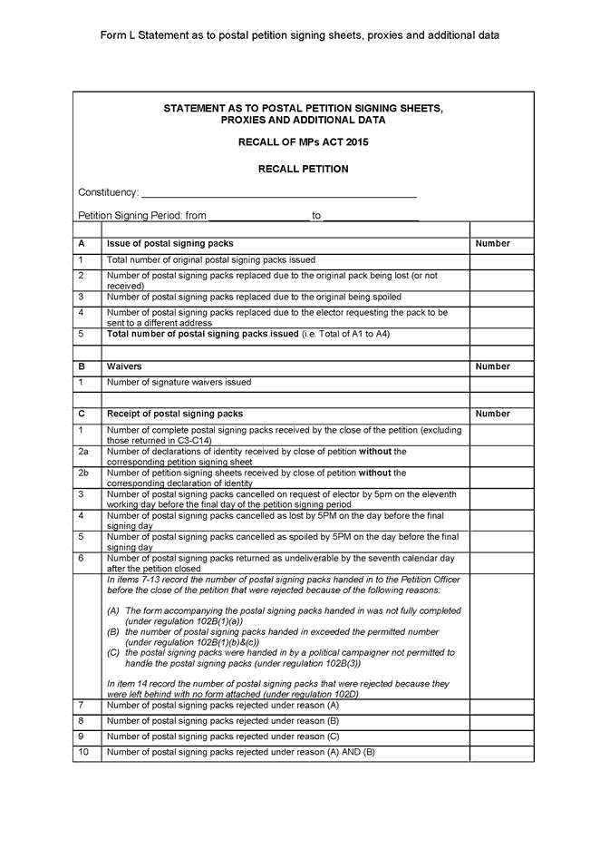 Recall Petition in Northern Ireland - Form L: Statement as to postal petition signing sheets, proxies and additional data - Page 1 of 2