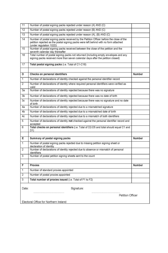 Recall Petition in Northern Ireland - Form L: Statement as to postal petition signing sheets, proxies and additional data - page 2 of 2