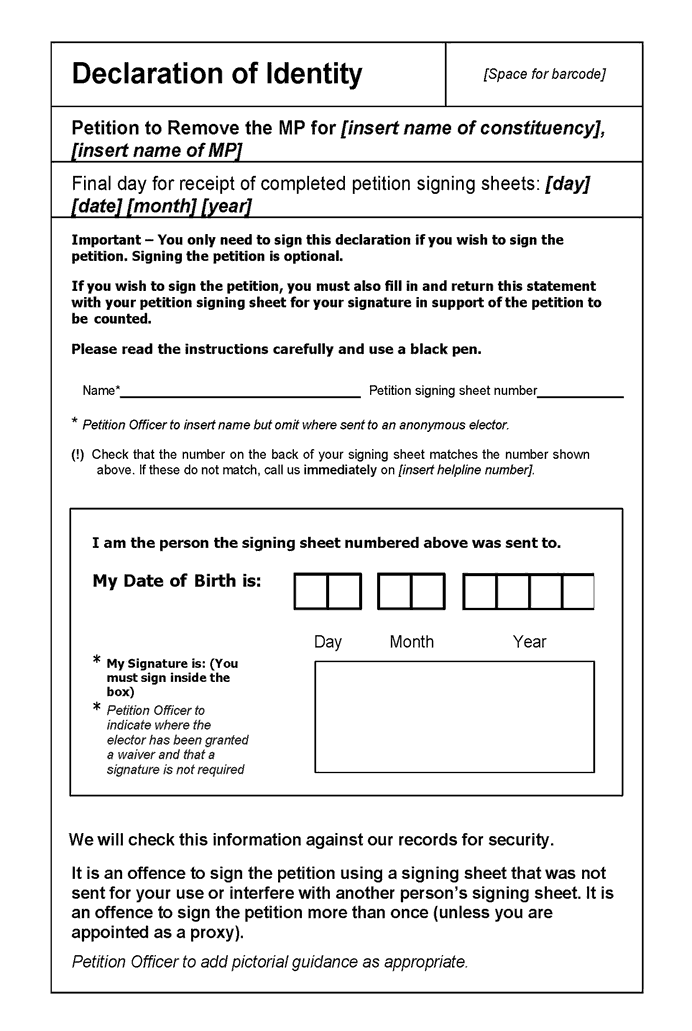 Recall petitions in Northern Ireland - Form M: Declaration of identity - page 1 of 2