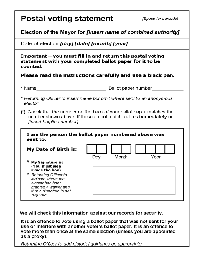 Combined authority mayoral election standalone poll - Form 7: Postal voting statement - front of form