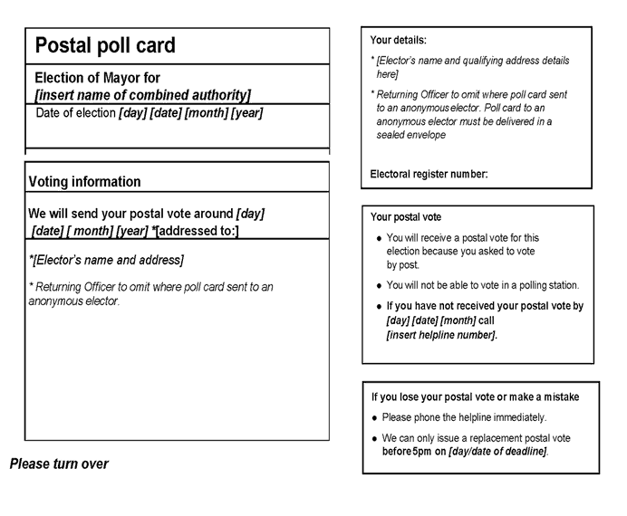 Combined authority mayoral election standalone poll - Form 9: Postal poll card - front of form