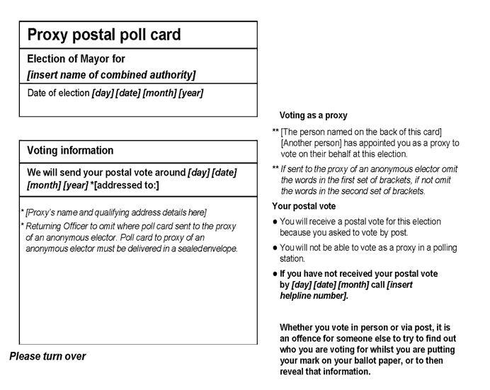 Combined authority mayoral election standalone poll - Form 11: Proxy postal poll card - front of card