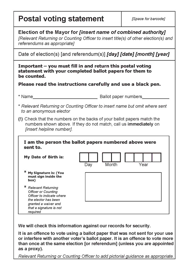 Combined authority mayoral election combined poll - Form 7(1): Postal voting statement - front of form