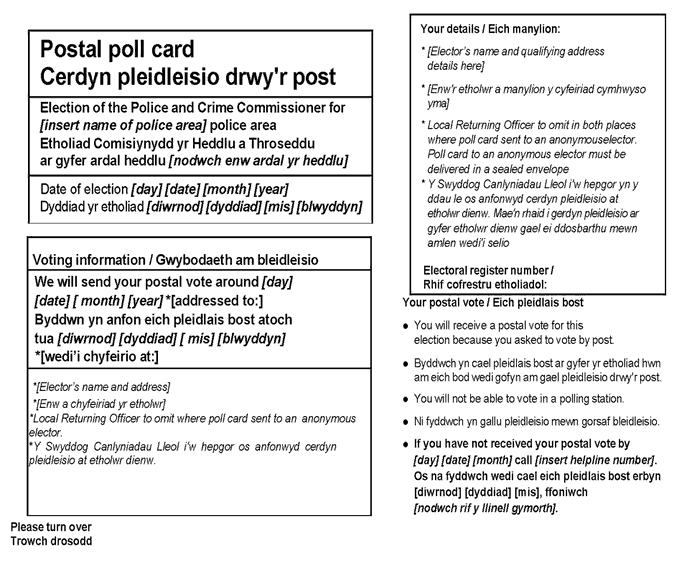 Police and Crime Commissioner elections in Wales - Form 12: official postal poll card - front of card