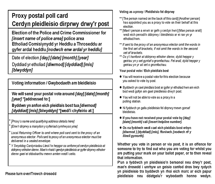 Police and Crime Commissioner elections in Wales - Form 14: official proxy postal poll card - front of card