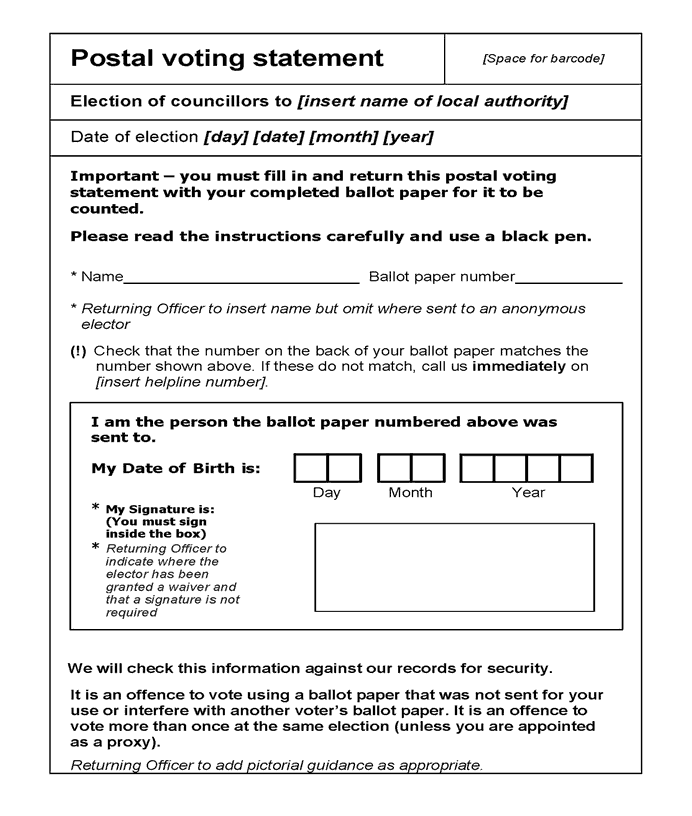 Election of councillors for principal area - standalone poll - form of postal voting statement - first page