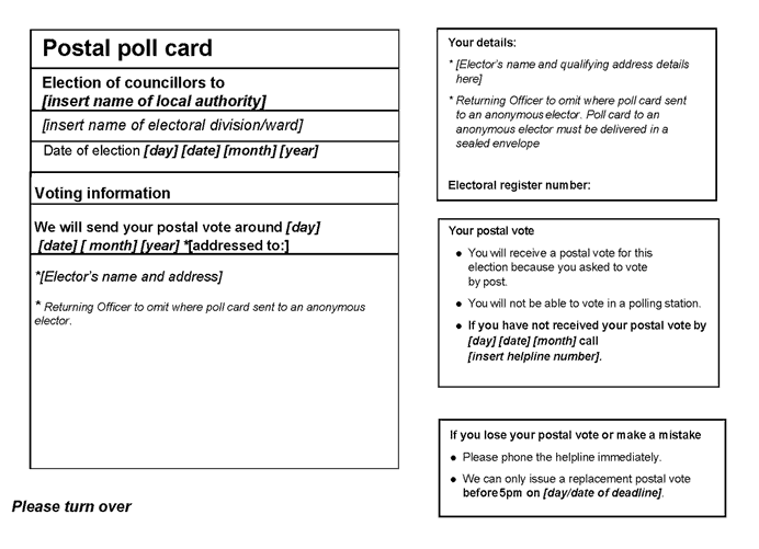 Election of councillors for principal area - standalone poll - form of official postal poll card - front of card