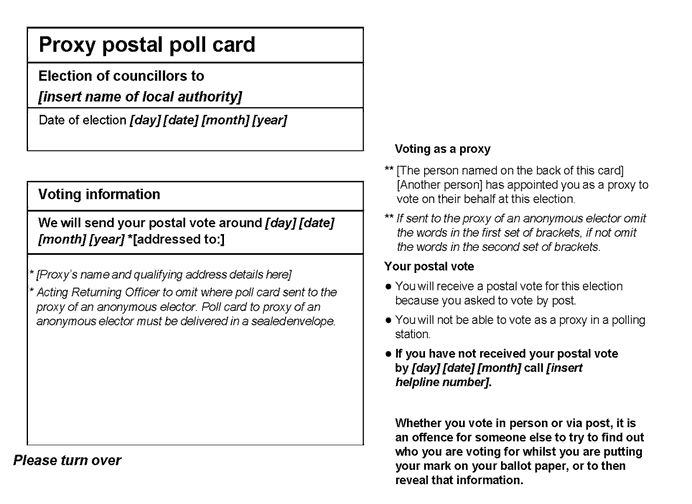 Election of councillors for principal area - standalone poll - form of official proxy postal poll card - front of card