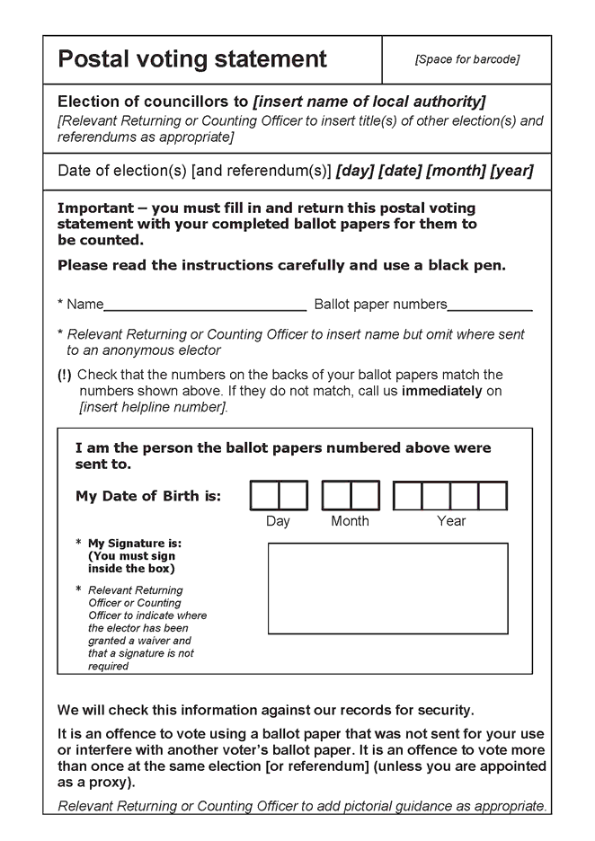 Election of councillors for principal area - combined poll - form of postal voting statement (for use where there is joint issue and receipt of postal ballot papers) - first page