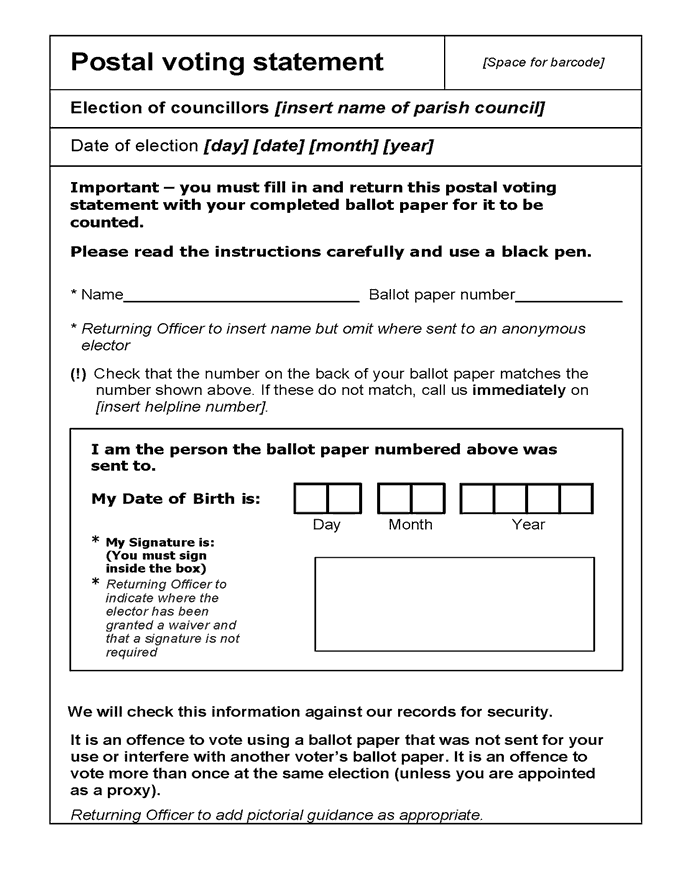 Election of councillors for parish - standalone poll - form of postal voting statement - first page