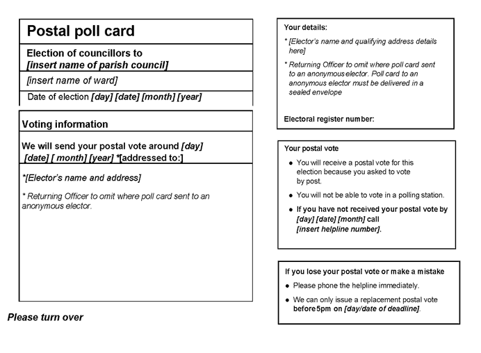 Election of councillors for parish - standalone poll - form of official postal poll card - front of card