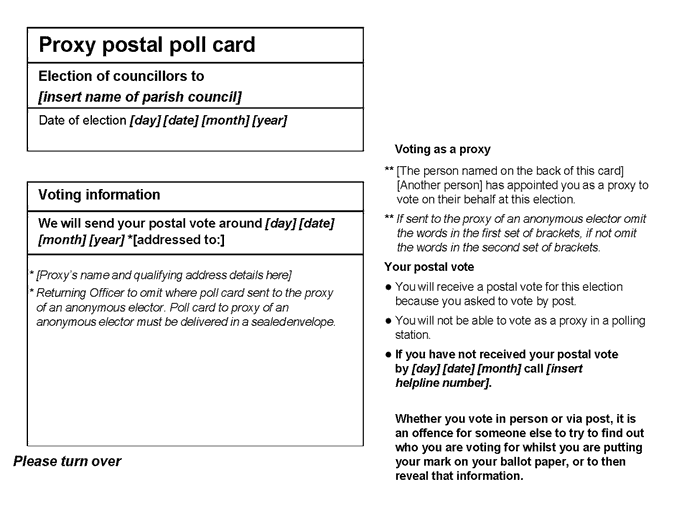 Election of councillors for parish - standalone poll - form of official proxy postal poll card - front of card