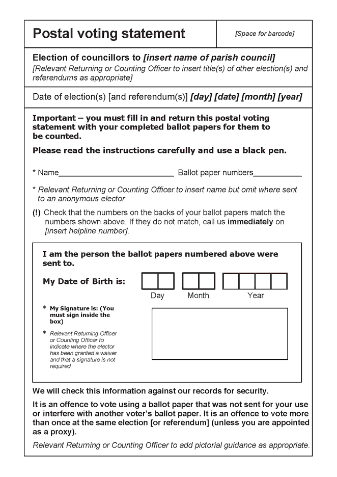 Election of councillors for parish - combined poll - form of postal voting statement (for use where there is joint issue and receipt of postal ballot papers) - first page