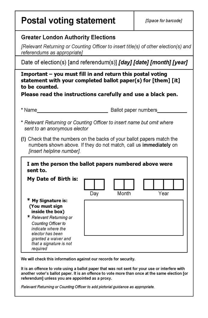 Greater London Authority elections - form 11A (postal voting statement: for use ata a combined election where issue and receipt of postal ballot papers are taken together) - first page
