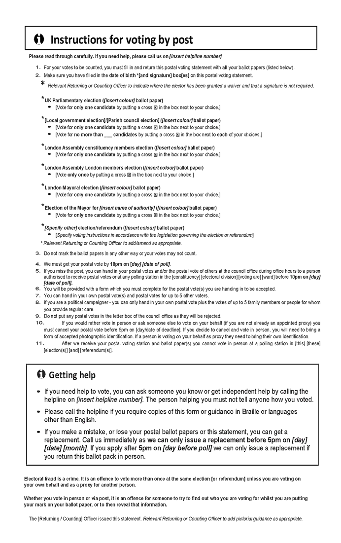 Greater London Authority elections - form 11A (postal voting statement: for use ata a combined election where issue and receipt of postal ballot papers are taken together) - final page