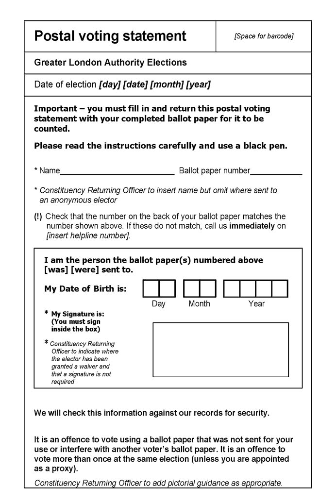 Greater London Authority elections - form 11B (postal voting statement: for use at a combined election where issue and receipt of postal ballot papers are not taken together) - first page