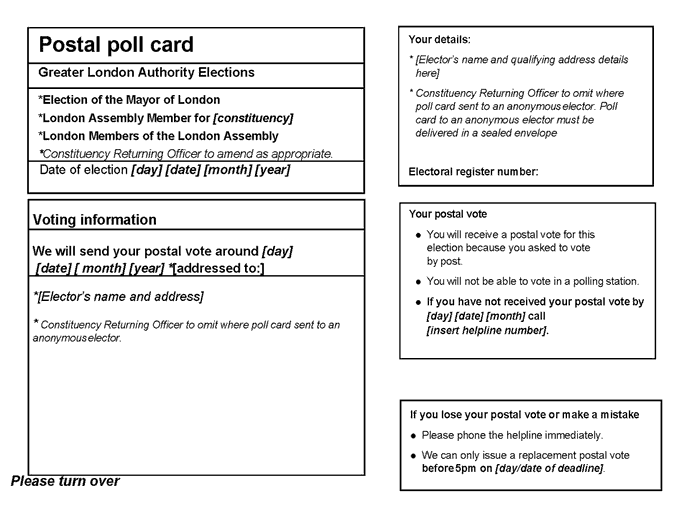 Greater London Authority elections - form 13 (official postal poll card) - front of card
