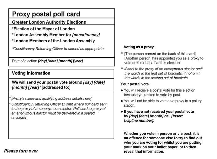 Greater London Authority elections - form 15 (official proxy postal poll card) - front of card