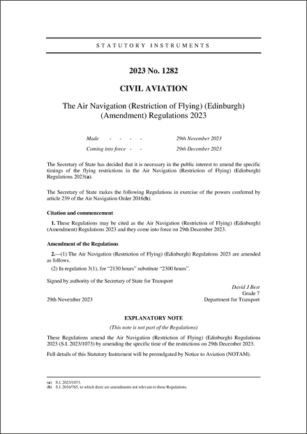 The Air Navigation (Restriction of Flying) (Edinburgh) (Amendment) Regulations 2023