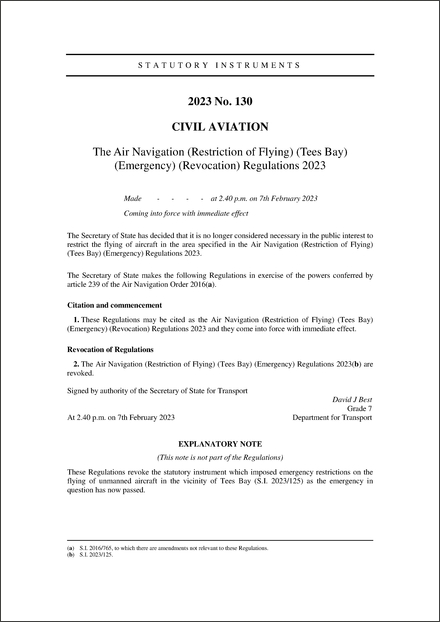 The Air Navigation (Restriction of Flying) (Tees Bay) (Emergency) (Revocation) Regulations 2023