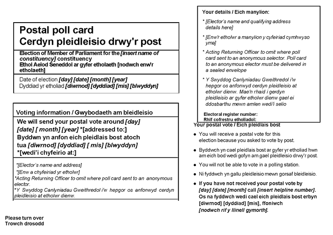 Parliamentary election official postal poll card in Welsh and English - page 1