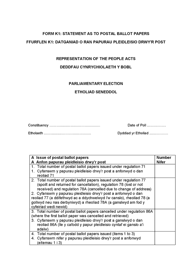 Form 15 - Parliamentary election statement as to postal ballot papers - page 1