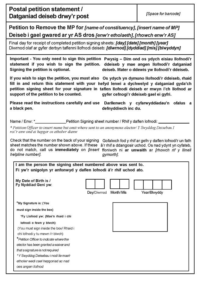 Form K - recall petitions - postal petition statement in Welsh and English - page 1