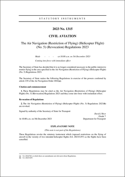 The Air Navigation (Restriction of Flying) (Helicopter Flight) (No. 5) (Revocation) Regulations 2023