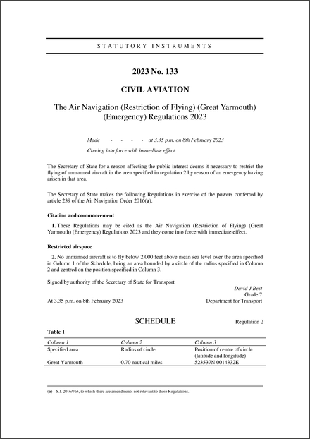 The Air Navigation (Restriction of Flying) (Great Yarmouth) (Emergency) Regulations 2023