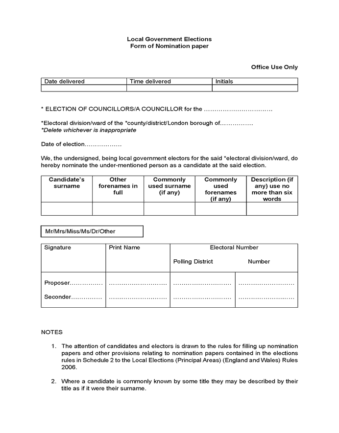 Form of nomination paper - for use at an election of councillors of a principal area where poll is not taken together with poll at another eleciton - first page