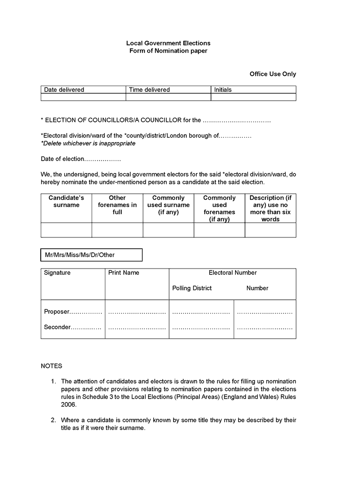 Form of nomination paper for an election of councillors of a principal area where poll is taken together with poll at a relevant election or referendum - first page