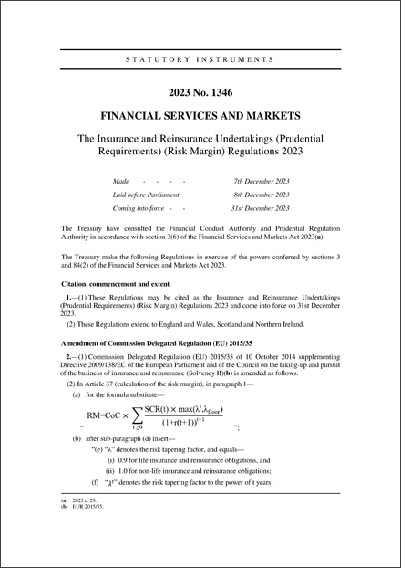 The Insurance and Reinsurance Undertakings (Prudential Requirements) (Risk Margin) Regulations 2023
