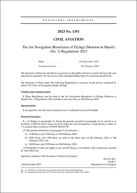 The Air Navigation (Restriction of Flying) (Moreton in Marsh) (No. 2) Regulations 2023