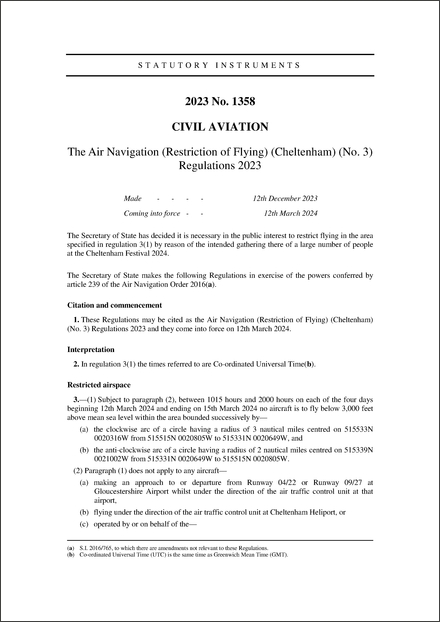 The Air Navigation (Restriction of Flying) (Cheltenham) (No. 3) Regulations 2023