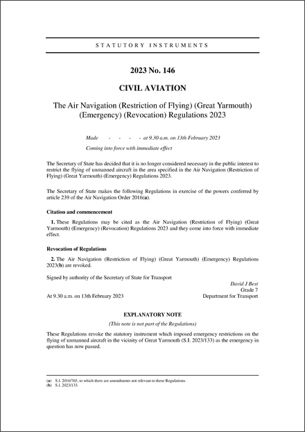 The Air Navigation (Restriction of Flying) (Great Yarmouth) (Emergency) (Revocation) Regulations 2023