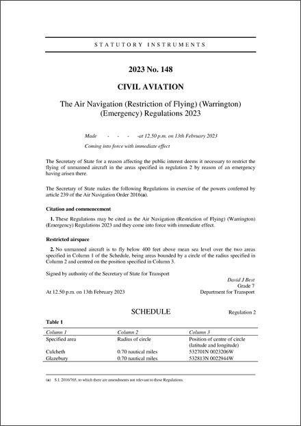 The Air Navigation (Restriction of Flying) (Warrington) (Emergency) Regulations 2023