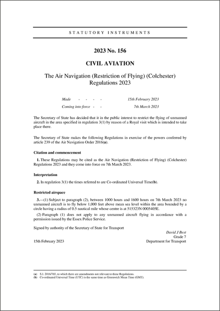 The Air Navigation (Restriction of Flying) (Colchester) Regulations 2023