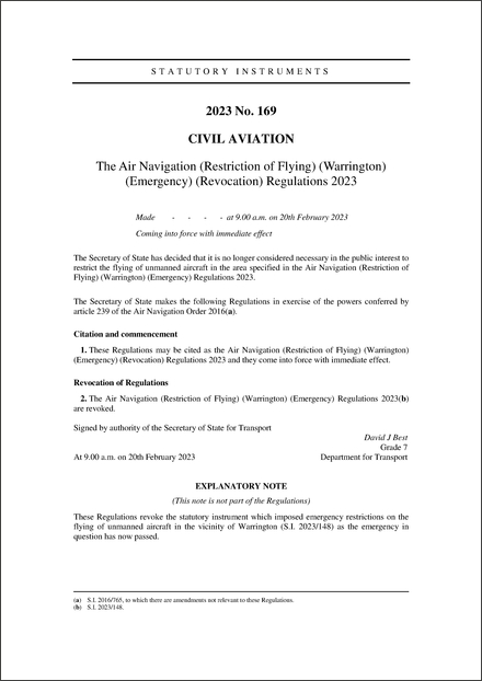 The Air Navigation (Restriction of Flying) (Warrington) (Emergency) (Revocation) Regulations 2023