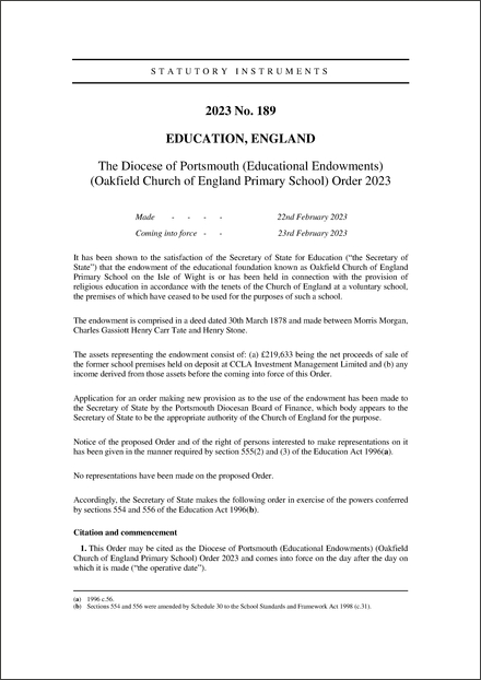 The Diocese of Portsmouth (Educational Endowments) (Oakfield Church of England Primary School) Order 2023
